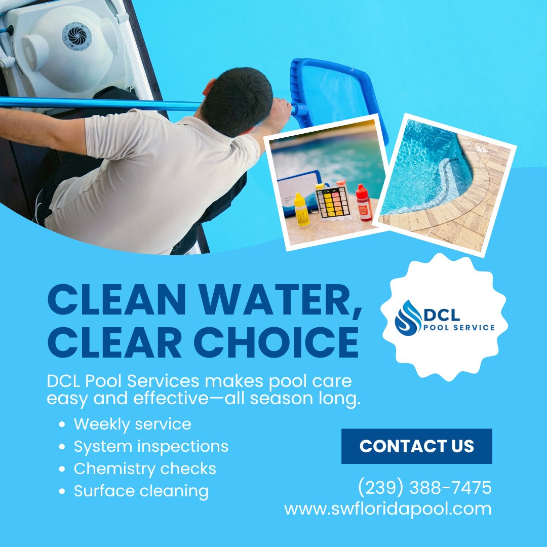 DclPoolServices's tweet image. When your pool looks good, it feels even better. Count on us to keep it that way.
#PoolPerfection #DCLPoolServices #FloridaPoolCare #PoolMaintenanceMatters #PoolPeaceOfMind