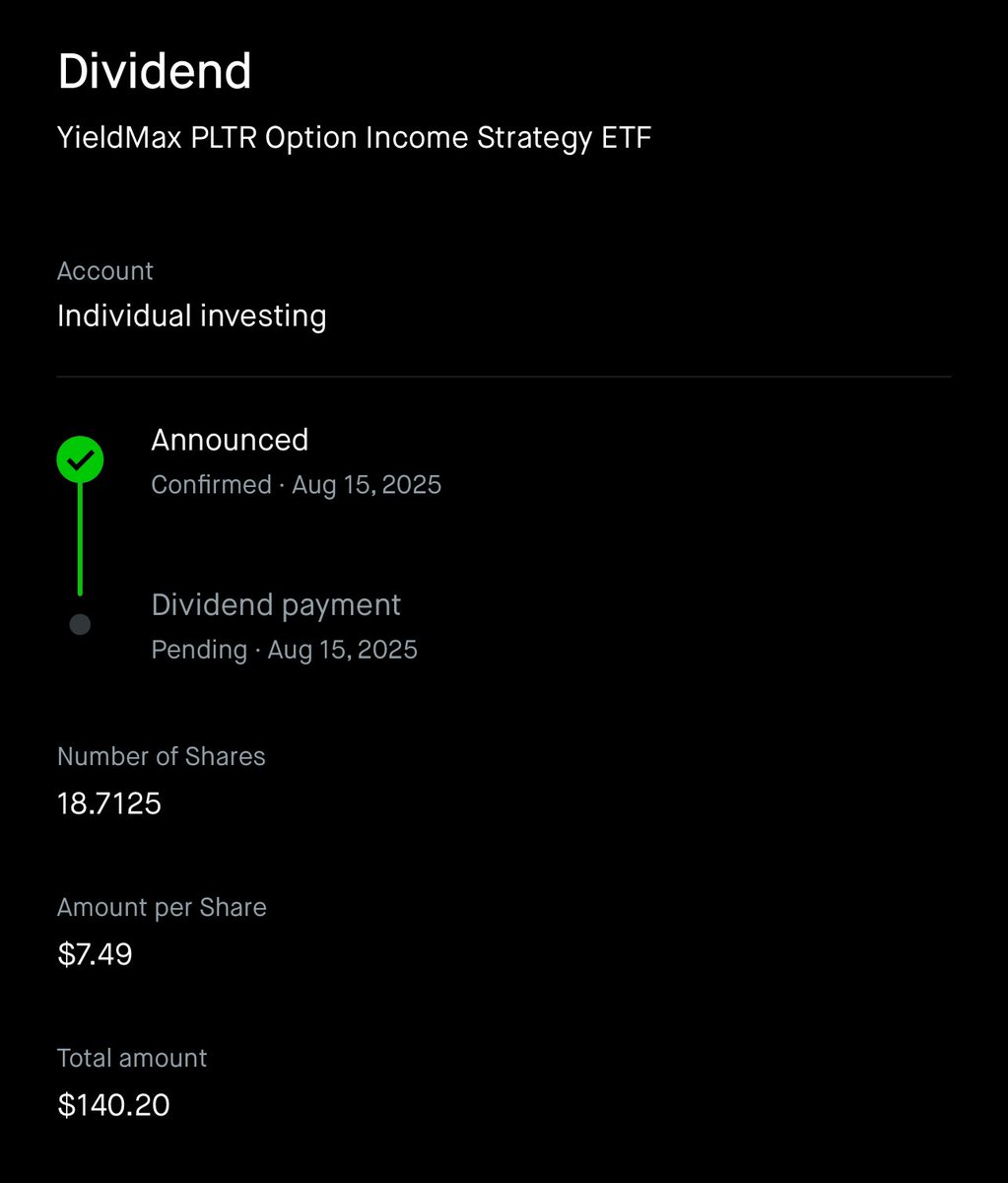 Biggest dividend payer yet, $140 later

thanks $PLTY 😏