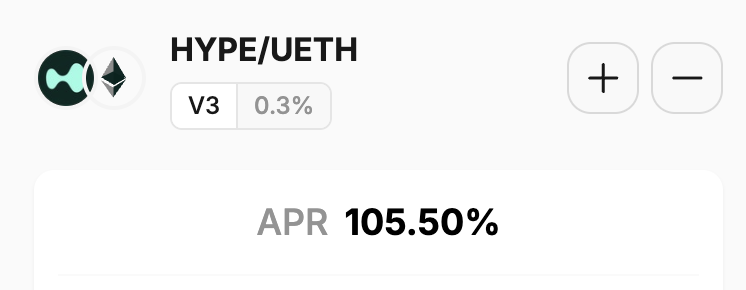 Screenshot of HYPE/uETH liquidity pool showing 105.50% APR on PRJX