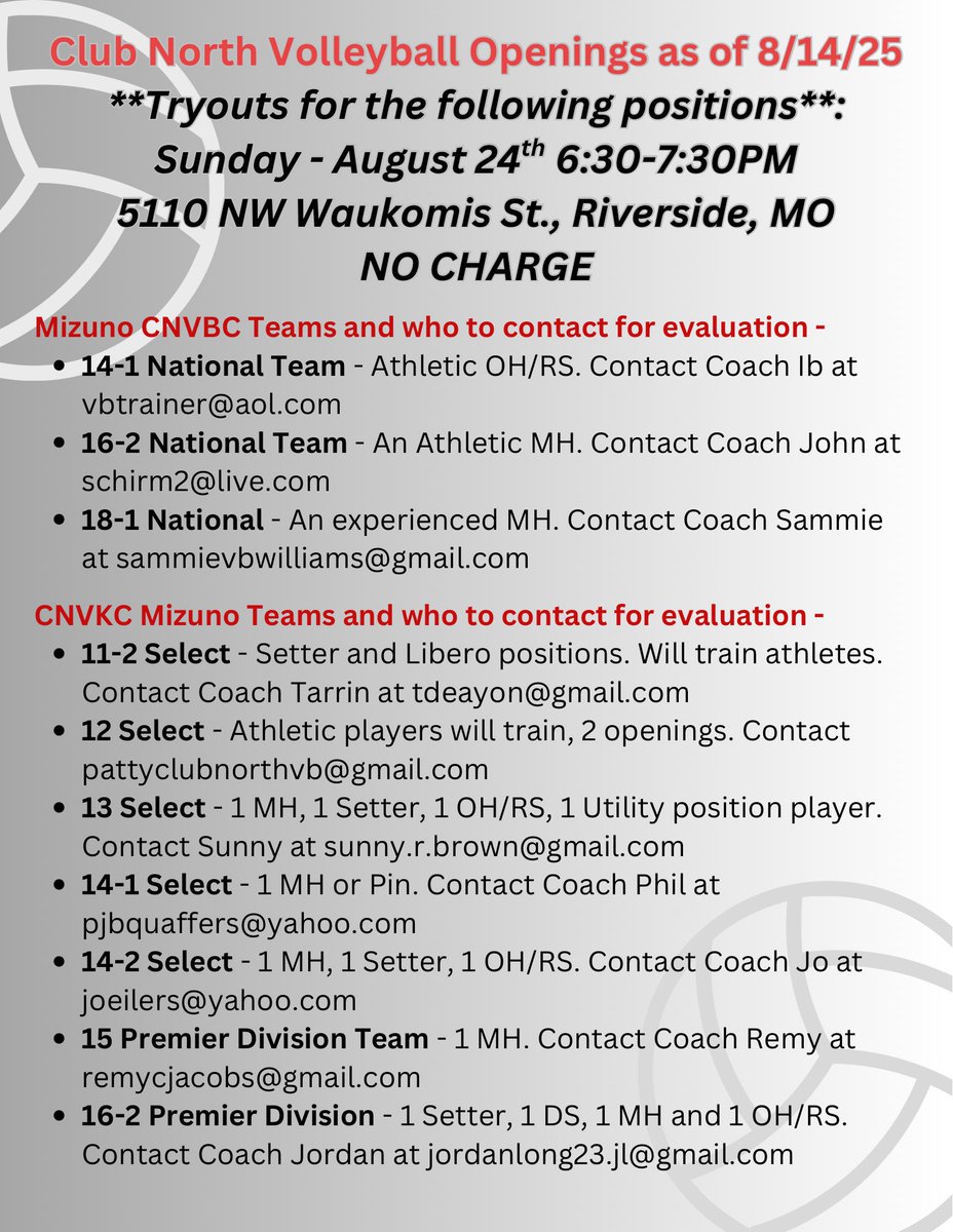 Club North Volleyball (@clubnorthvb) on Twitter photo Club North still has the following open positions and will have tryouts: August 24th 6:30-7:30p.
Link to website: clubnorthvb.com
Questions? pattyclubnorthvb@gmail.com Club North still has the following open positions and will have tryouts: August 24th 6:30-7:30p.
Link to website: clubnorthvb.com
Questions? pattyclubnorthvb@gmail.com