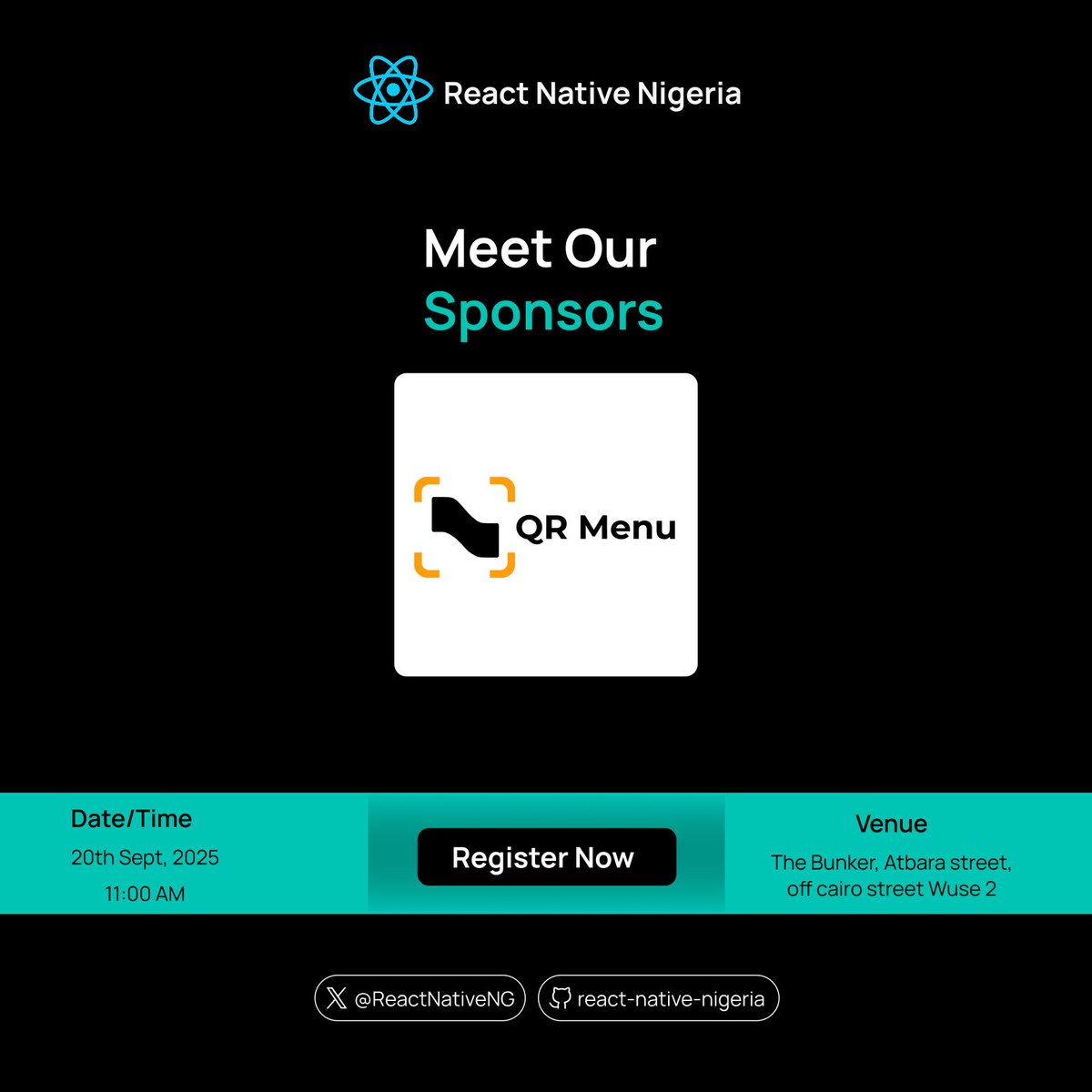 ReactNativeNG's tweet photo. Good news! 🎉
 @myqrmenu_  is sponsoring 10 extra spots for our event, grab yours before they’re gone!
📍 React Native Nigeria Meetup 
📅Sept 20th, 2025 | Abuja, Nigeria
🔗 Register now:https://t.co/rzaJvN4uc2
#reactnativeng https://t.co/b2iwkW83Ms