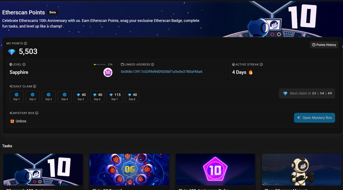 10th Anniversary Campaign + Etherscan Points (Beta) are LIVE

To  OG supporters, your rewards are waiting:
🎖 10th Anniversary Badge
🌟 OG Points Reward

Don't miss to Check and Claim your Etherscan Points
etherscan.io/points

#10YearsofEtherscan <a href="/etherscan/">etherscan.eth</a>