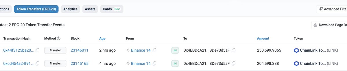 Screenshot of Chainlink token transfers from Binance to a new wallet