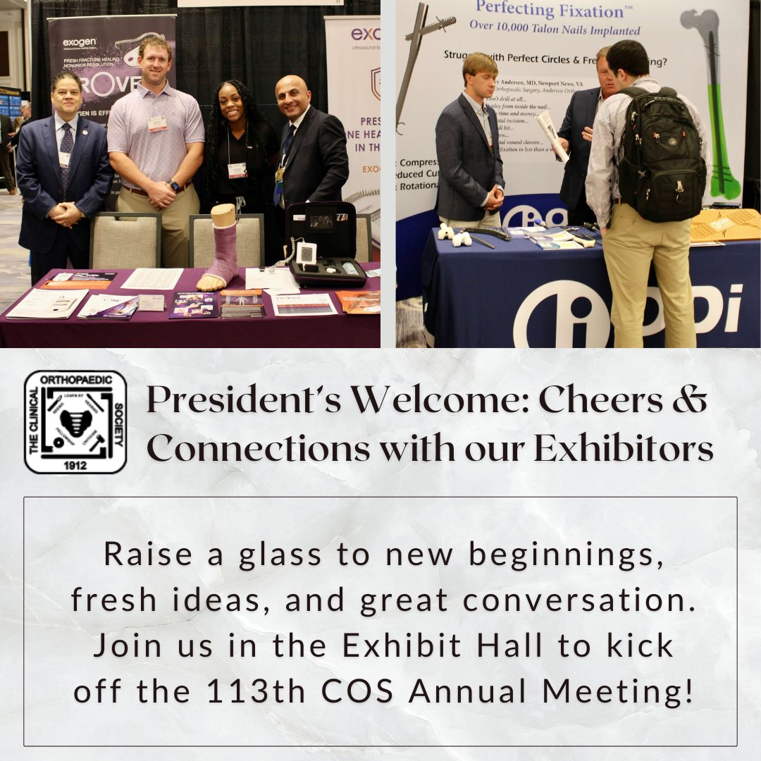 Kick off the 113th COS Annual Meeting at the President’s Welcome: Cheers &amp; Connections!
📅 Thursday, Sept. 4 | 🕔 5–6:30 PM
Enjoy drinks, explore the Exhibit Hall, and network with colleagues &amp; partners. bit.ly/436T3Ey

#COS2025 #CheersAndConnections #Orthopaedics