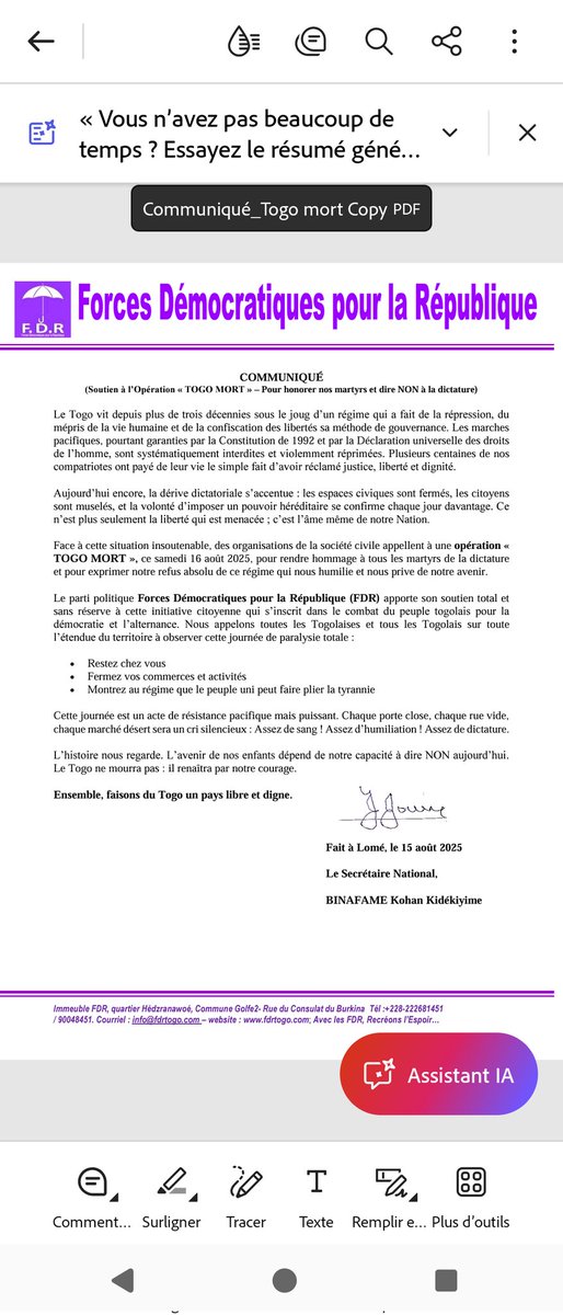 Les Forces Démocratiques pour la République (FDR) de maître <a href="/ApevonPaul/">Me Paul Dodji APEVON</a> apportent leur soutien à l'opération #TogoMort du 16 Août 2025 lancée par les OSC

#FreeTogo  #FaureMustGo #TogoDebout