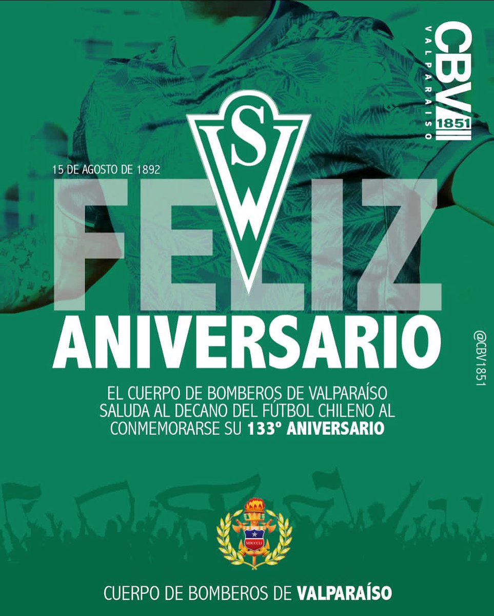Bomberos Valparaíso (@cbv1851) on Twitter photo ⚽️| De decano a decano, hoy enviamos un afectuoso saludo a @wanderersoficial por cumplirse 133 años desde su fundación, en nuestra querida comuna de Valparaíso.
¡Felicidades! ⚪️🟢
<a href="/swanderers/">Santiago Wanderers</a> ⚽️| De decano a decano, hoy enviamos un afectuoso saludo a @wanderersoficial por cumplirse 133 años desde su fundación, en nuestra querida comuna de Valparaíso.
¡Felicidades! ⚪️🟢
<a href="/swanderers/">Santiago Wanderers</a>