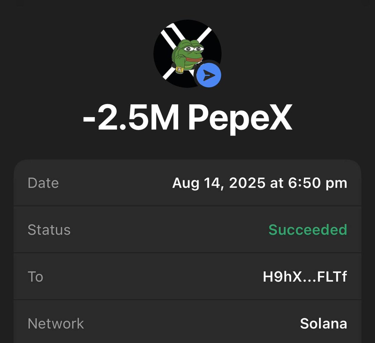 $PEPEX Presale is live  

List on big major exchange August  20th ✅

Send $SOL to:

4t9uwm4r62uSSpj1ym8ToCHHHT9CirkgHj3E4yma4kwZ

Min 0,5 $SOL

1 $SOL = 2.5M $PEPEX
Buy minimum 5 $SOL get 2x bonus $PEPEX

You will receive $PEPEX immediately after pay $SOL

200,000$ - $SOL