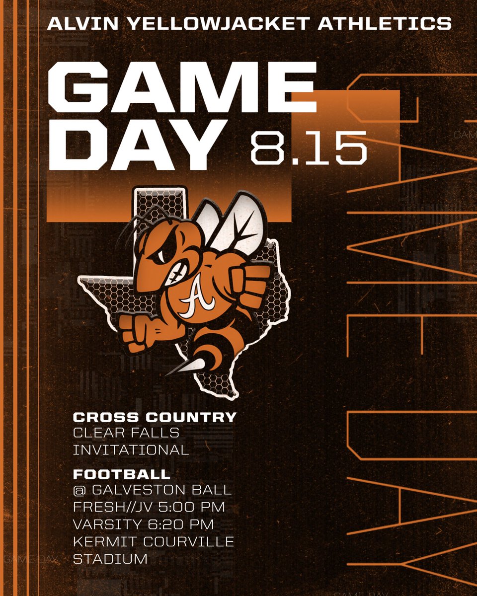 ALVIN YELLOWJACKET ATHLETICS (@alvinathletics) on Twitter photo Cheer on your JACKETS as they finish out the first week of school competing! Let’s go <a href="/AlvinHSTrack/">Alvin HS Track & Field/XC</a> and <a href="/alvin_jacketfb/">Alvin Football</a> - see y’all there! Cheer on your JACKETS as they finish out the first week of school competing! Let’s go <a href="/AlvinHSTrack/">Alvin HS Track & Field/XC</a> and <a href="/alvin_jacketfb/">Alvin Football</a> - see y’all there!