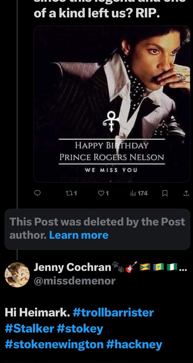 missdemenor's tweet photo. Oh look my stalker #trollbarrister Kristin Heimark has another account I became aware of in June. This @RobJingles is the only one I’m aware of but there are more. I posted birthday wishes to prince  &amp; she left a comment but deleted it once she realised I knew it was her ⬇️ https://t.co/dCi8WcyT1i