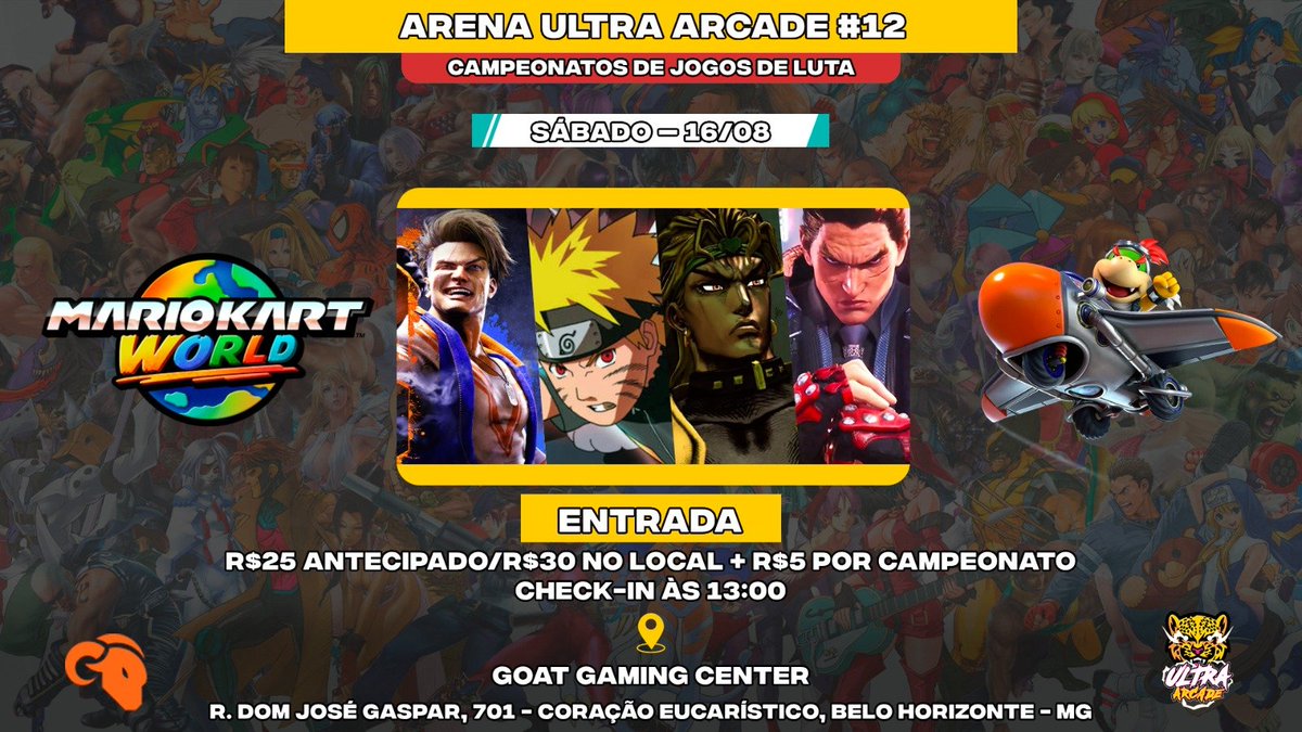 Amanhã temos o nosso Arena Ultra Arcade #12 com torneios de:

Street Fighter 6
Tekken 8
Jojo's Bizarre Adventure All-Star Battle R
Naruto Shippuden: Ultimate Ninja 5

start.gg/arenaua12