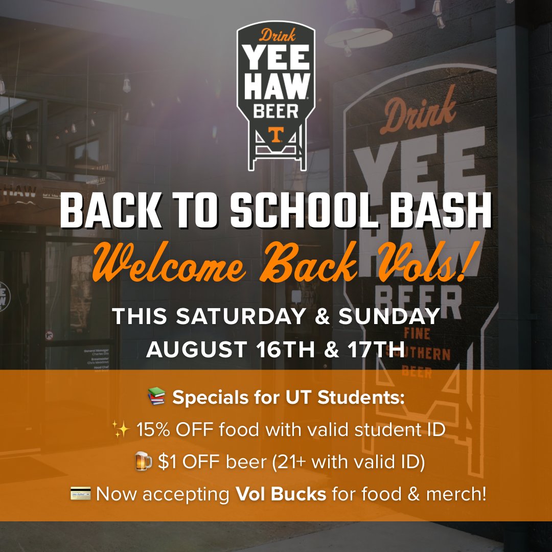 UTK_SAA's tweet image. 🍊🎓BACK TO SCHOOL BASH 🎓🍊
Welcome back, Vols! 🎉 
Come hang with us before the homework, exams, and all-nighters kick in. Let’s make this semester the best one yet! 🧡🤘

📍 Yee-Haw Brewing – Knoxville
📅 Saturday &amp;amp; Sunday, August 16 &amp;amp; 17 | ALL DAY!
#GoVols  #YeeHawBrewing