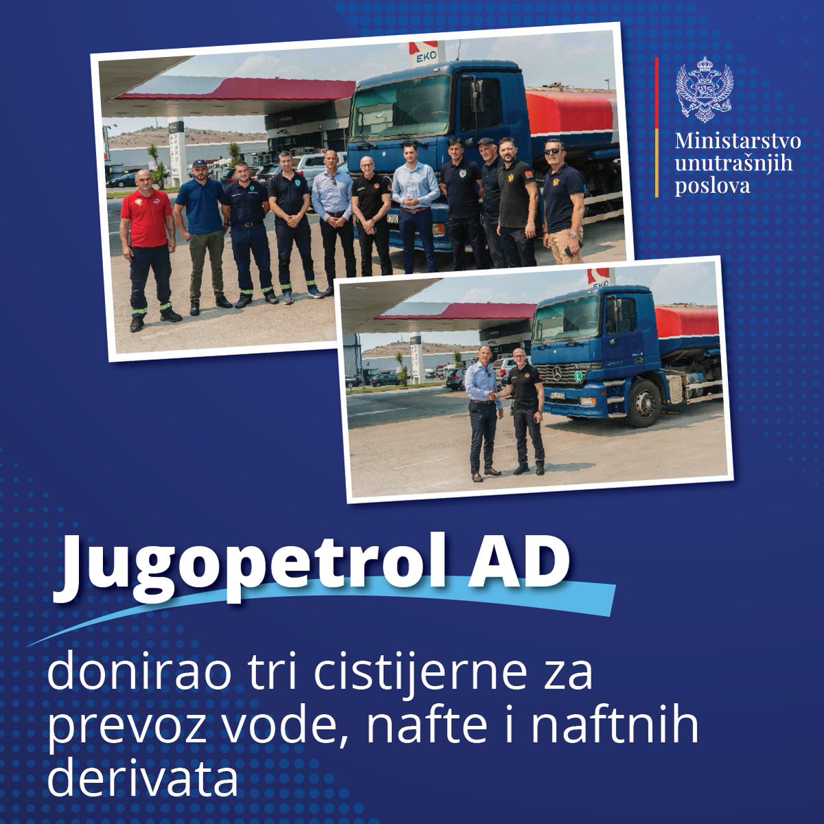 📌Zahvalnost hrabrim vatrogascima: Kompanija Jugopetrol AD donirala tri cistijerne za prevoz vode Direktoratu za zaštitu i spašavanje MUP-a Crne Gore. 
🔗facebook.com/share/p/176zLD…