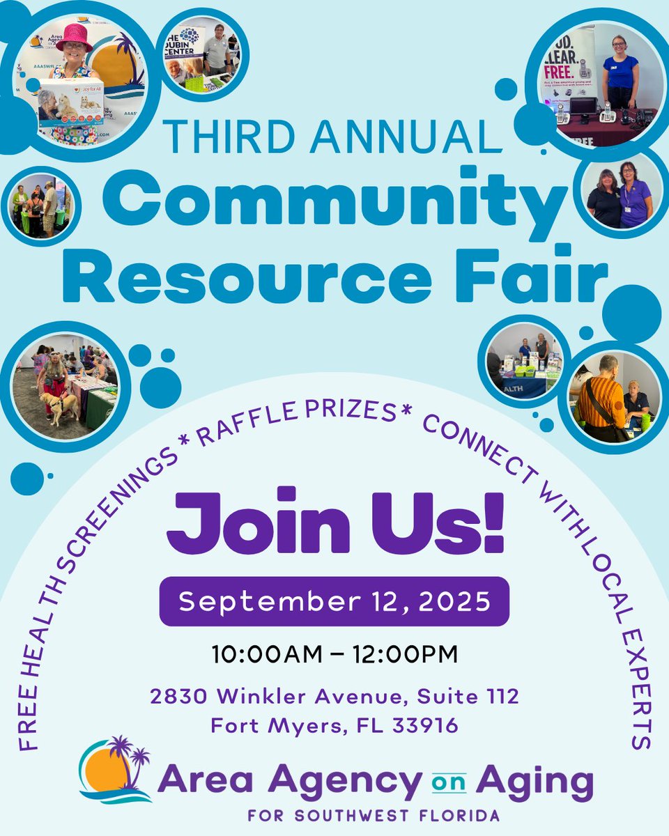 🧡 You're Invited! Join us for the 3rd Annual Community Resource Fair hosted by AAASWFL! 📅 Sept 12, 2025 | 10AM–12PM
✅ Free Health Screenings. Raffle Prizes, Connect with Local Experts
Let’s build a stronger, healthier community—together.
#SWFL #AAASWFL #HealthFair #AgingWell
