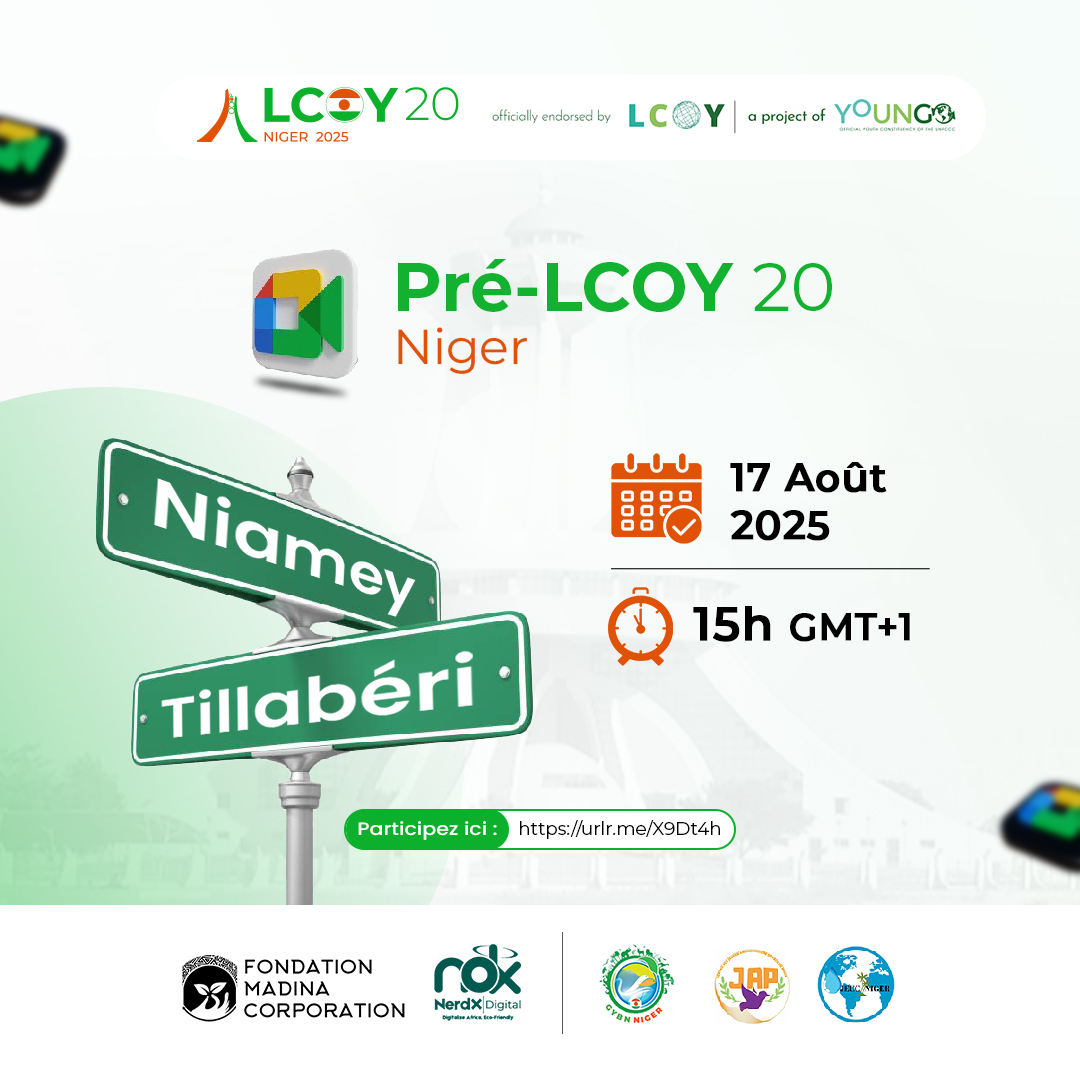 lcoyniger's tweet photo. Plus que 2 jours avant le 1er pré-LCOY qui aura lieu en ligne. Pour ce 17 Août, le micro sera tendu aux villes de Niamey et Tillabéri. 
Remplissez vite ce formulaire pour vous inscrire : https://t.co/s1Mvam1YYG

#LCOYNiger2025 #Prelcoy #YouthForClimate https://t.co/tLFoZBl5v3