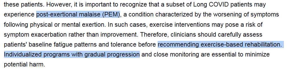 Revue sur les "traitements" ds le covid long.
On y met en avant l'intérêt (sic) de la réadaptat° à l'effort.
C'est pas un peu contradictoire de reconnaître l'existence de malaise post-effort chez un sous group de patients tout en recommandant une réadapta° progressiv à l'effort?
