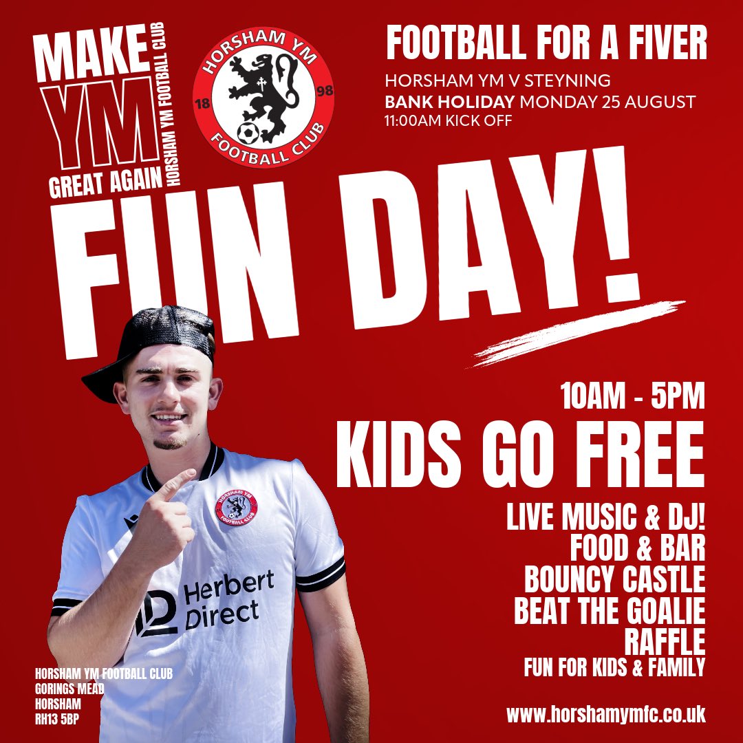 horshamymfc's tweet image. Bank Holiday Monday FUN DAY!

Join us for an action packed day of Football &amp;amp; fun on Monday 25 August for our Football for a fiver FUN DAY!

LIVE Music
Bouncy Castle (Kids)
Food &amp;amp; Bar
Beat the Goalie
Raffle
Plus lots more for all the family