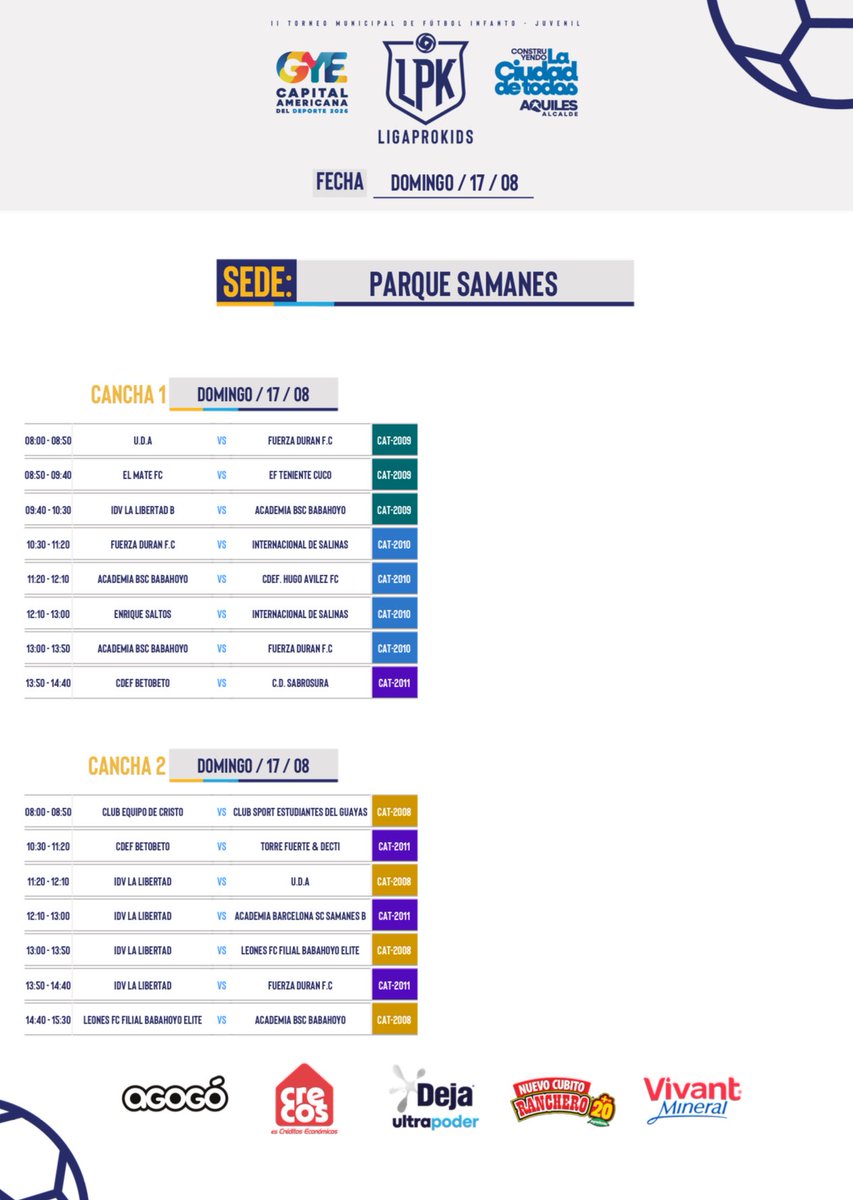 📍¡Arranca el sueño en la LigaPro Kids Alcaldía de Guayaquil! 🚨⚽️

Conoce el fixture de la primera fecha, con canchas asignadas y horarios de los partidos 😎

#LigaProKidsAlcaldíaDeGuayaquil #TorneoInfantoJuvenil #InscripcionesAbiertas 💪💯