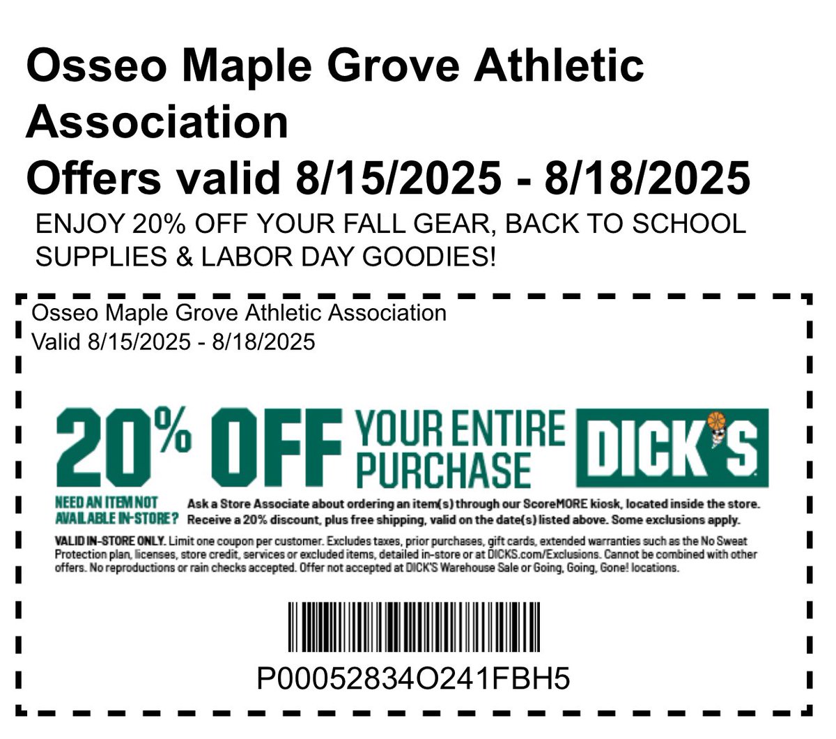 BACK TO SCHOOL SHOPPING EVENT - 20% off for all OMGAA families!!!

 8/15/2025 – 8/18/2025 - Maple Grove location and In store only! 
 
cmm.dickssportinggoods.com/crmcdn/getoffe…