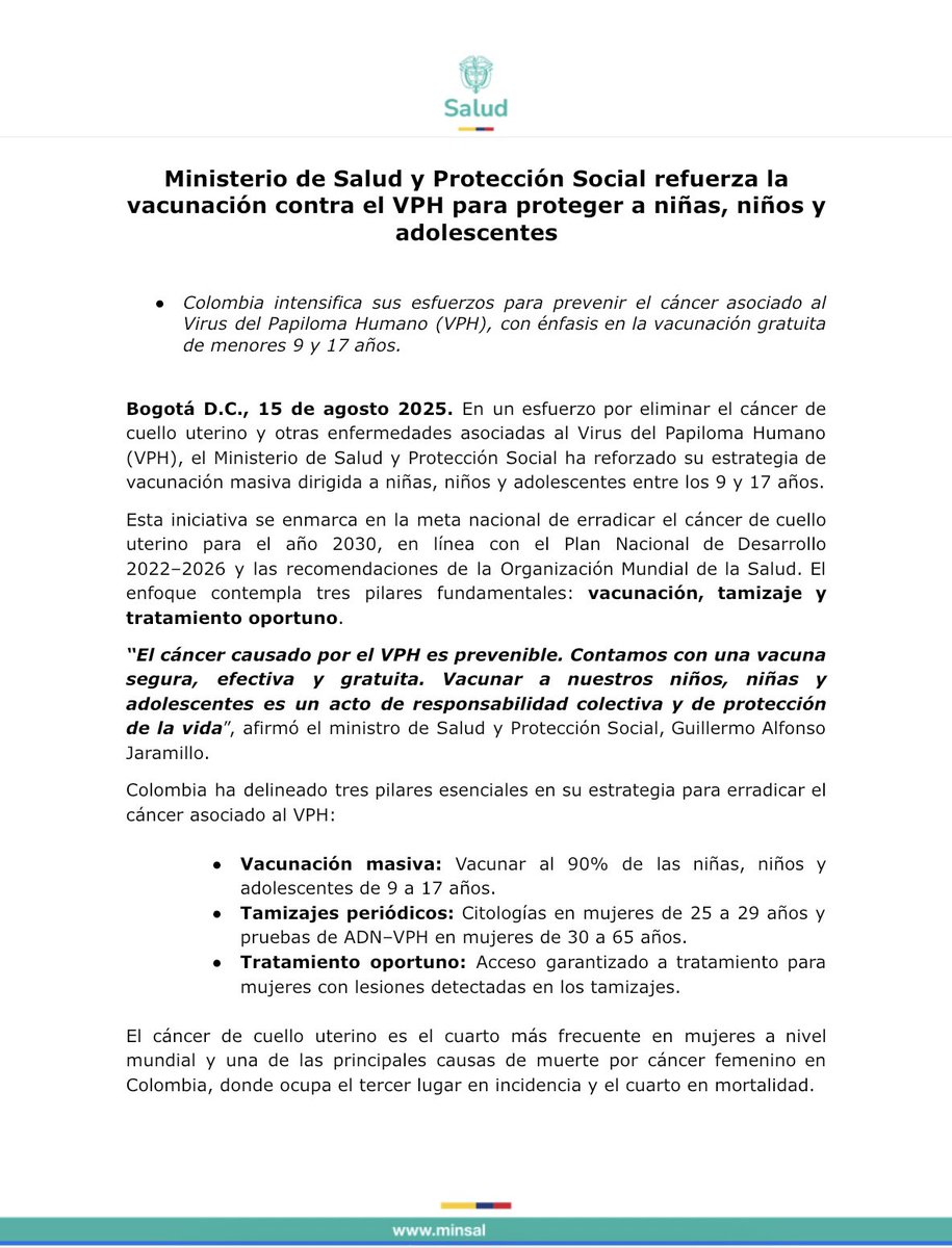 MinSaludCol's tweet photo. #Comunicado | En un esfuerzo por eliminar el cáncer de cuello uterino y otras enfermedades asociadas al Virus del Papiloma Humano (VPH), #Minsalud ha reforzado su estrategia de vacunación masiva dirigida a niñas, niños y adolescentes entre los 9 y 17 años.

🔗 Para más información ingresa aquí ➡️https://t.co/pN3eolyCoR