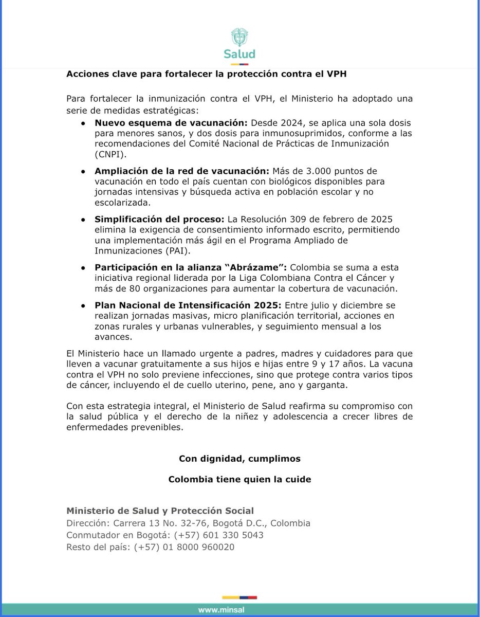 #Comunicado | En un esfuerzo por eliminar el cáncer de cuello uterino y otras enfermedades asociadas al Virus del Papiloma Humano (VPH), #Minsalud ha reforzado su estrategia de vacunación masiva dirigida a niñas, niños y adolescentes entre los 9 y 17 años.

🔗 Para más