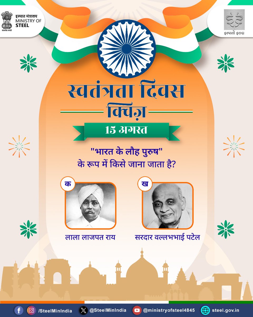 SteelMinIndia's tweet photo. स्वतंत्रता का पर्व, ज्ञान के संग! ✨
स्वतंत्रता दिवस क्विज़ में भाग लें,🇮🇳भारत के गौरवशाली इतिहास के बारे में जानें और अपनी देशभक्ति का प्रदर्शन करें!

अपना जवाब कमेंट सेक्शन में दें।👇
#स्वतंत्रता_दिवस_क्विज़ 
#IndependenceDayQuiz #IndependenceDayCelebrations #JaiHind
@MinOfCultureGoI @MIB_India @mygovindia