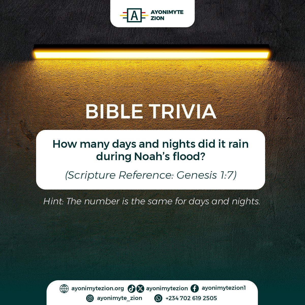vfz_outreach's tweet image. 🌧️ Bible Trivia Time! 🌧️
How many days and nights did it rain during Noah’s flood?
Share your guess in the comments, let’s see who truly knows their Bible!
👉 Visit ayonimytezion.org grow deeper in the Word.

#BibleTrivia  #DailyScripture #BibleStudyCommunity