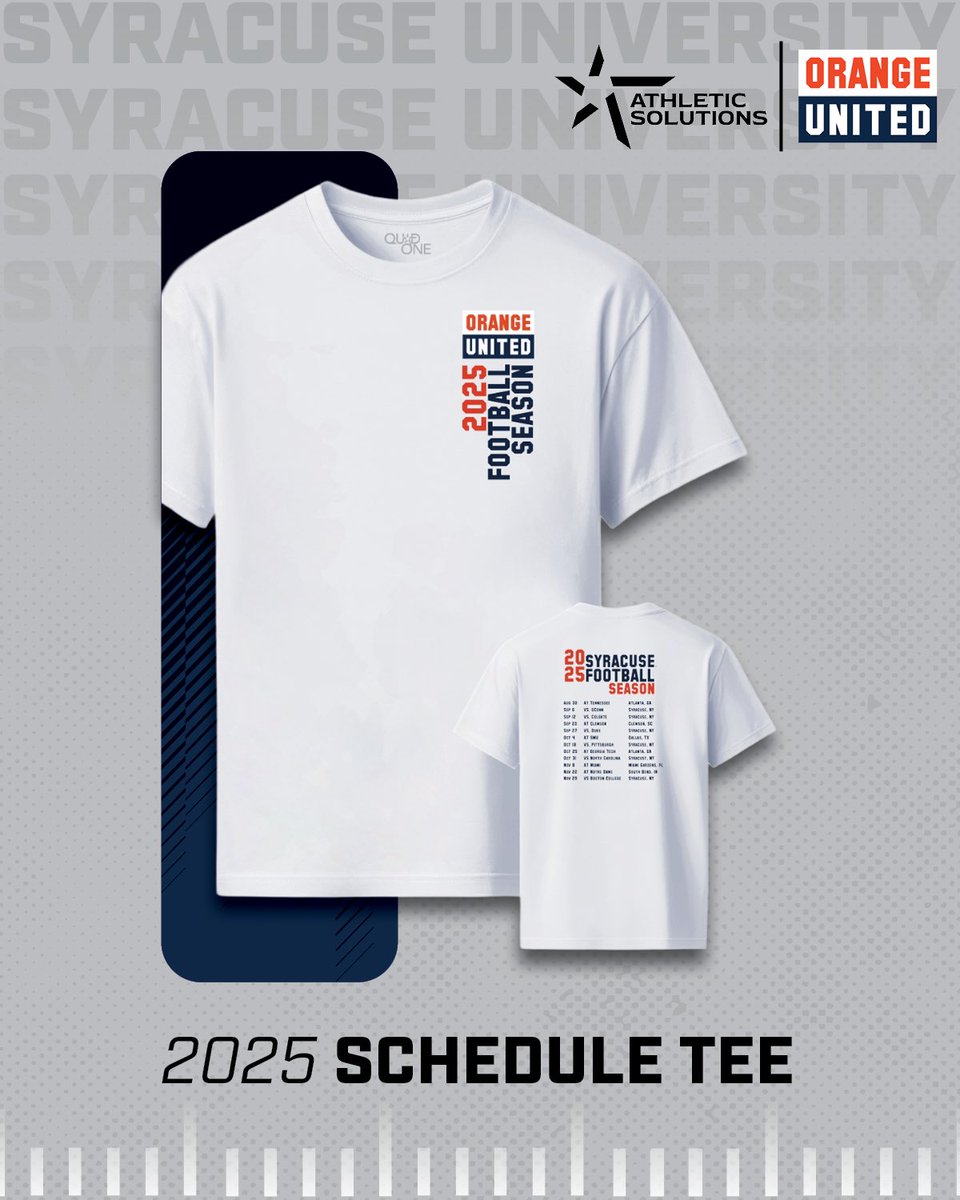 Orange United (@orangeunitednil) on Twitter photo 🚨 NEW TEE DROP 🚨 The <a href="/CuseFootball/">Syracuse Football</a> 2025 Schedule Tee is HERE 🔥 Rep the Orange all season long — shop now. 🏈 Members score 20% off 👀
SHOP 🔗 gocuse.athsolutions.shop/collections/sy… 🚨 NEW TEE DROP 🚨 The <a href="/CuseFootball/">Syracuse Football</a> 2025 Schedule Tee is HERE 🔥 Rep the Orange all season long — shop now. 🏈 Members score 20% off 👀
SHOP 🔗 gocuse.athsolutions.shop/collections/sy…