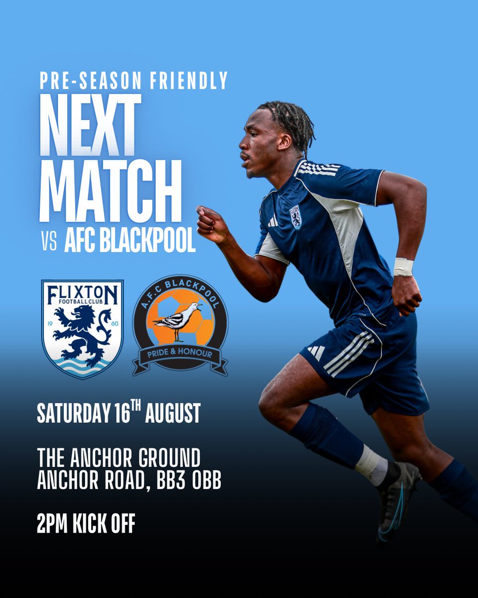 Flixton FC Official (@flixtonfcx) on Twitter photo We take on <a href="/AFCBlackpool/">AFC Blackpool</a> this Saturday in a high intensity pre-season friendly!
Come down and be part of the journey! 🔵⚪️
#UpTheFlixton🦁 We take on <a href="/AFCBlackpool/">AFC Blackpool</a> this Saturday in a high intensity pre-season friendly!
Come down and be part of the journey! 🔵⚪️
#UpTheFlixton🦁