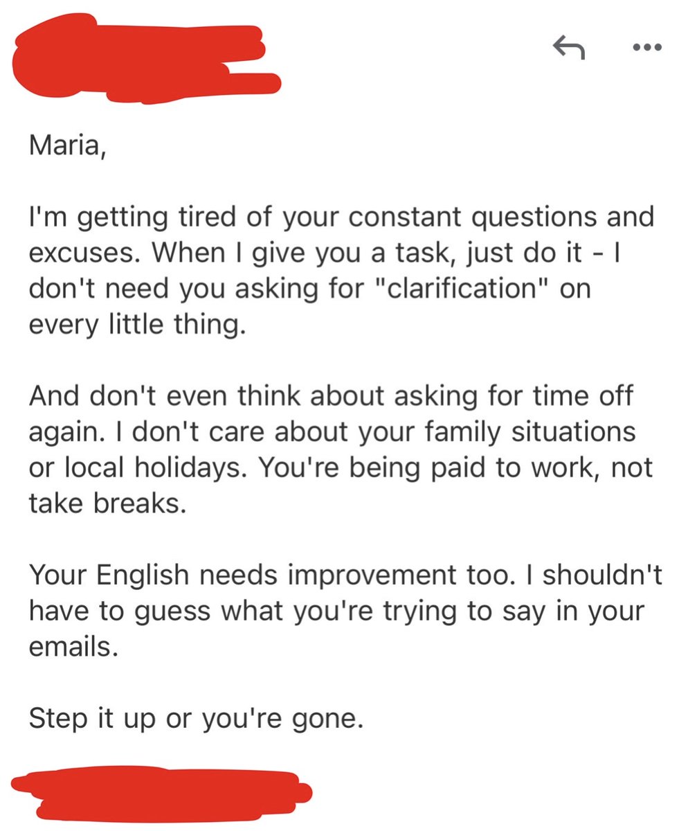 TheFiverrGuy_'s tweet image. One of our contractors sent me this screenshot a few weeks back -

I called this client immediately. This is how it went:

&quot;We&apos;re removing Maria from your account effective immediately. We&apos;ll be refunding this month&apos;s payment.&quot;

&quot;What? Why? She works for me!&quot;

&quot;No, she works for…