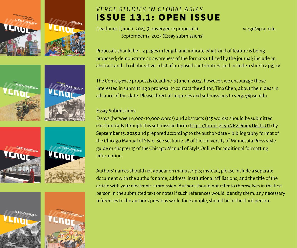 Reminder: Verge 13.1: Open Issue
Essay Submission Due: September 15, 2025
Submission Form Link: forms.gle/oNFVDinq4Tksib…