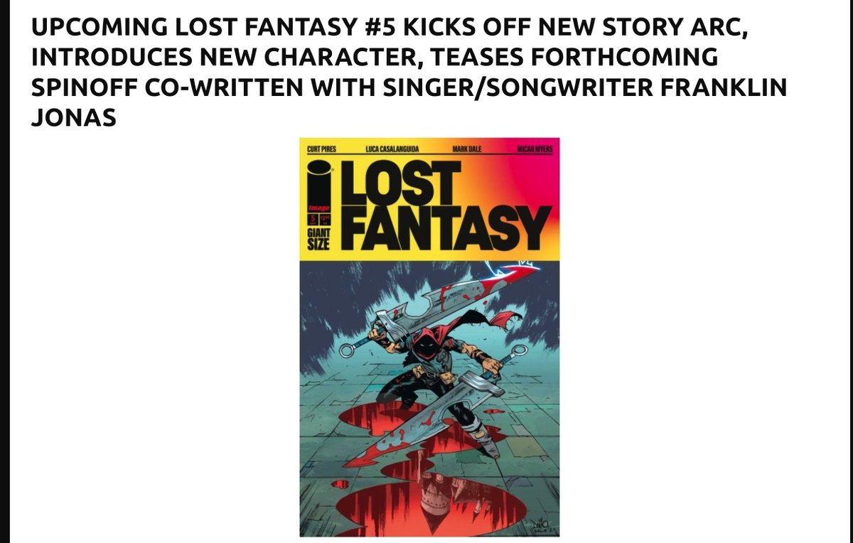 curt (@curtpires) on Twitter photo LOST FANTASY DAY is 11/19/2025
Issue 5 ✅
Our Best Homage Covers yet ✅
Vol 1 TPB ✅
First Look at The New Lost Fantasy spinoff book / character in the Back of LF 5 (co-written by <a href="/FrankieJonas/">frankie jonas</a> ) ✅
<a href="/ImageComics/">Image Comics</a> LOST FANTASY DAY is 11/19/2025
Issue 5 ✅
Our Best Homage Covers yet ✅
Vol 1 TPB ✅
First Look at The New Lost Fantasy spinoff book / character in the Back of LF 5 (co-written by <a href="/FrankieJonas/">frankie jonas</a> ) ✅
<a href="/ImageComics/">Image Comics</a>