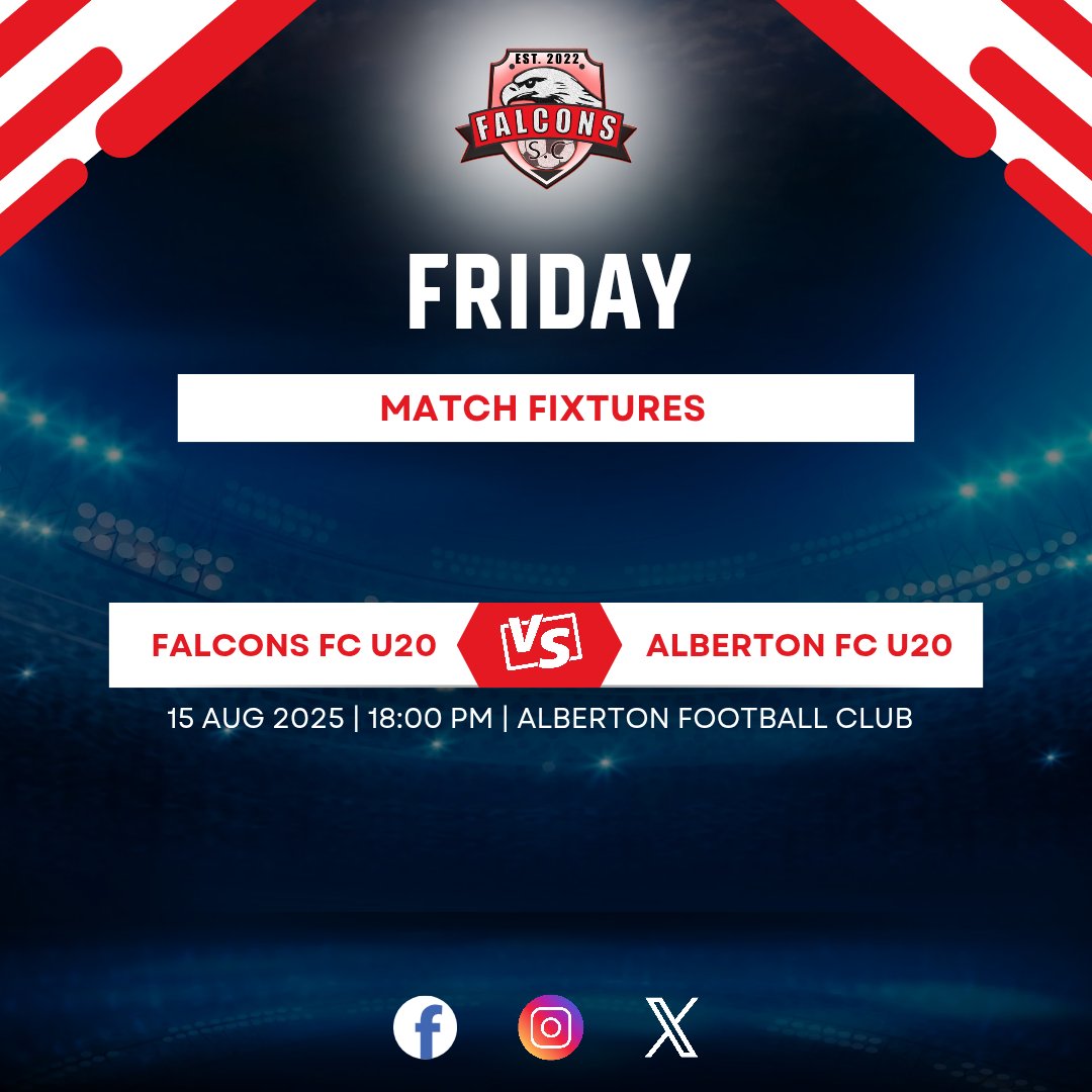 FalconsSC's tweet photo. Get ready for a high-energy clash as Falcons FC U20 take on Alberton FC U20 in a match that promises pure football fire!

This is the moment to show your colors and back your team! 🙌💪

🎟️ Entry is free. Passion is mandatory

#MatchDay #AlbertonFC #SupportLocalTalent #FalconsSC https://t.co/NH2zUzGzwN
