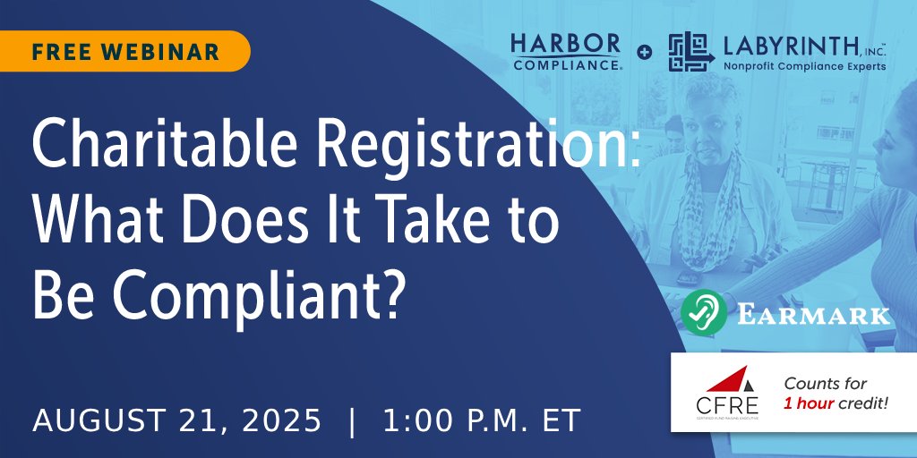 HarborComply's tweet photo. Fundraising in multiple states?
You might need to register in 40+ places. Learn what triggers it in our FREE webinar on August 21.

📌 Register here: https://t.co/kD9EqV7R6a 

CPE available through Earmark! https://t.co/dZmsVFiOal
