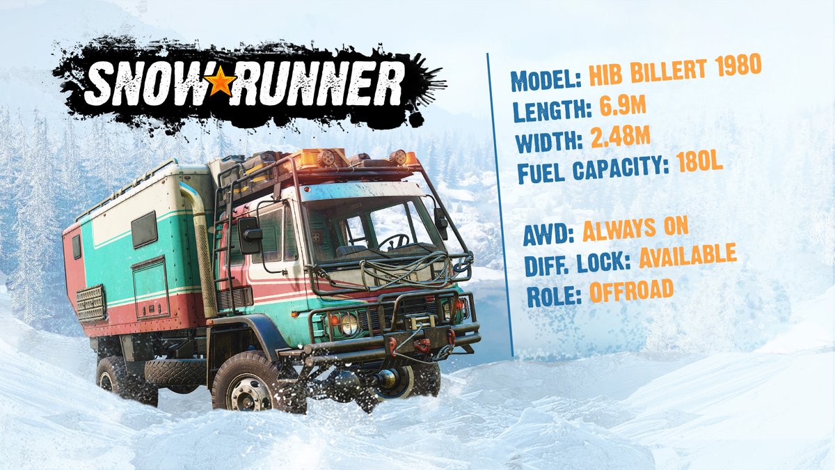 PlaySnowRunner's tweet photo. First up  for #SnowRunner Season 16: meet the HIB Billert 1980 🚚💪 

Offroad class, always-on AWD, optional Diff Lock… 
This beast won’t win any fuel economy awards, but it’ll power through the rough stuff. https://t.co/qSIwLoQzI4
