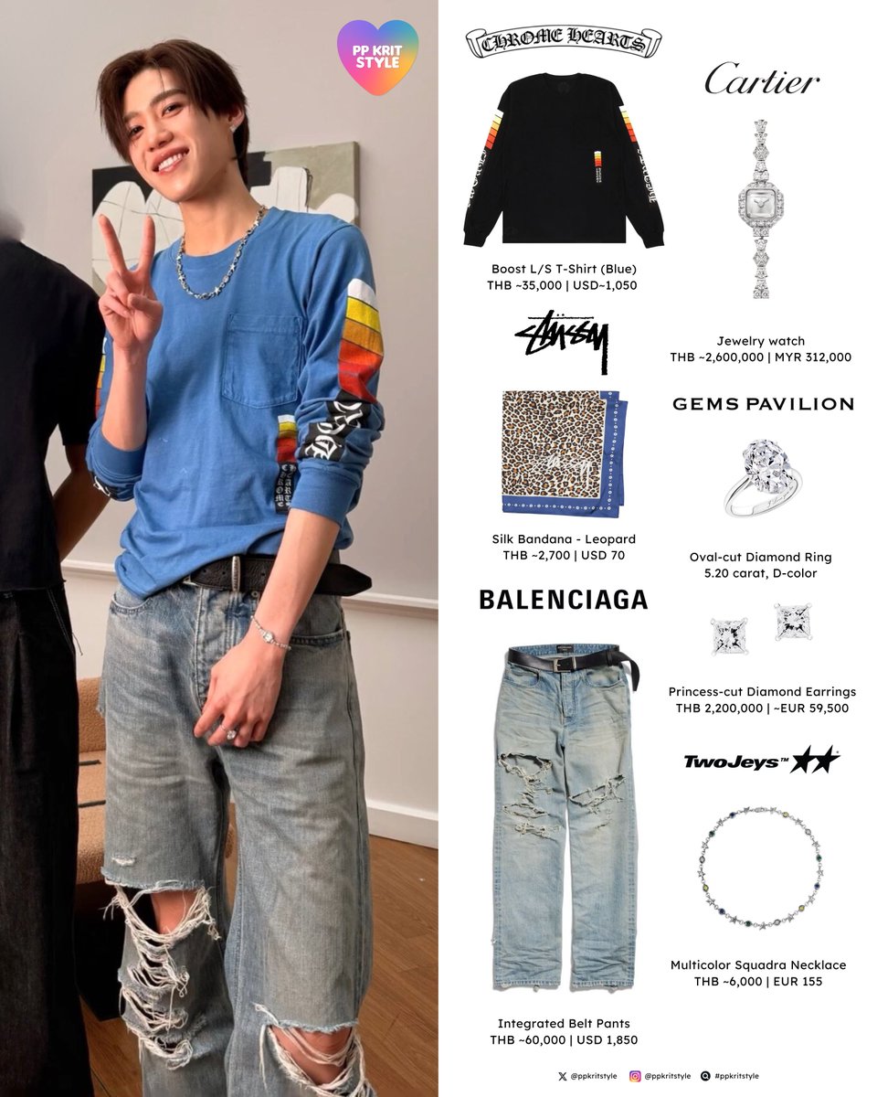 ppkritstyle's tweet photo. 〰️ พีพี | PP KRIT STYLE: 🩵
#ChromeHearts Blue Boost L/S T-Shirt
#Stussy Silk Bandana - Leopard
#Balenciaga Integrated Belt Pants
#Cartier Jewelry Watch
#GemsPavilion Oval-cut Diamond Ring, Princess-cut Diamond Earrings
#TwoJeys Multicolor Squadra Necklace
#ppkritt #ppkritstyle https://t.co/clj1OPUK6m