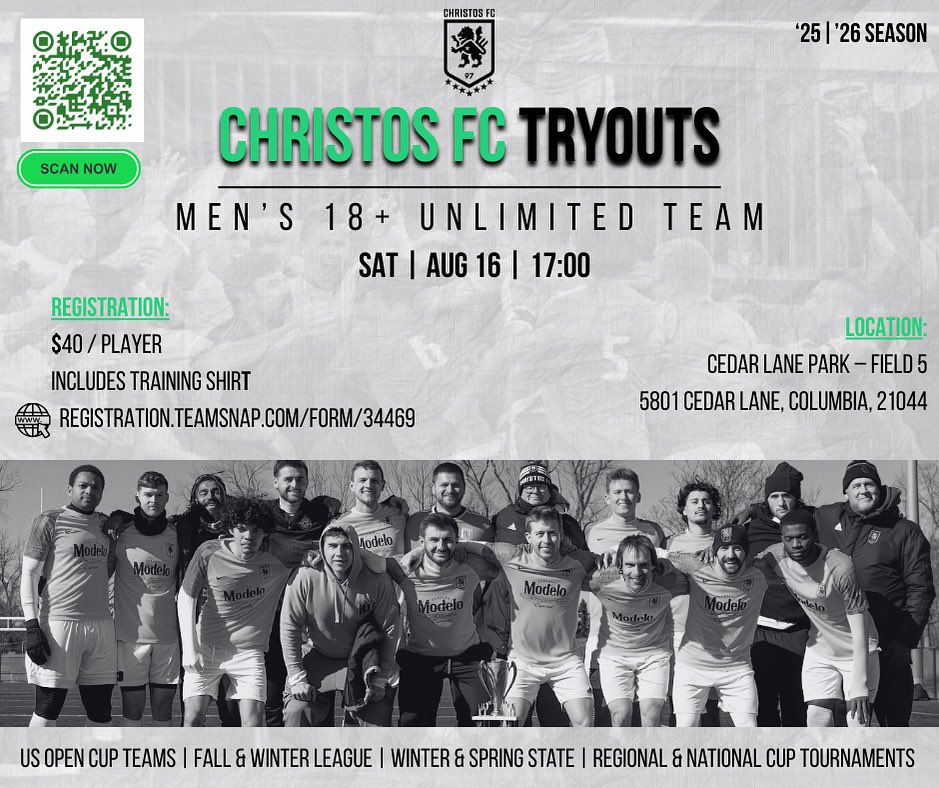 🚨 Final Chance 🚨
Christos FC Men’s 18+ Unlimited Tryouts
📅 Sat, Aug 16 | 5PM
📍 Cedar Lane Park – Field 5, Columbia, MD
💲 $40 (incl. training shirt)

🔗 registration.teamsnap.com/form/34469
🦁⚽