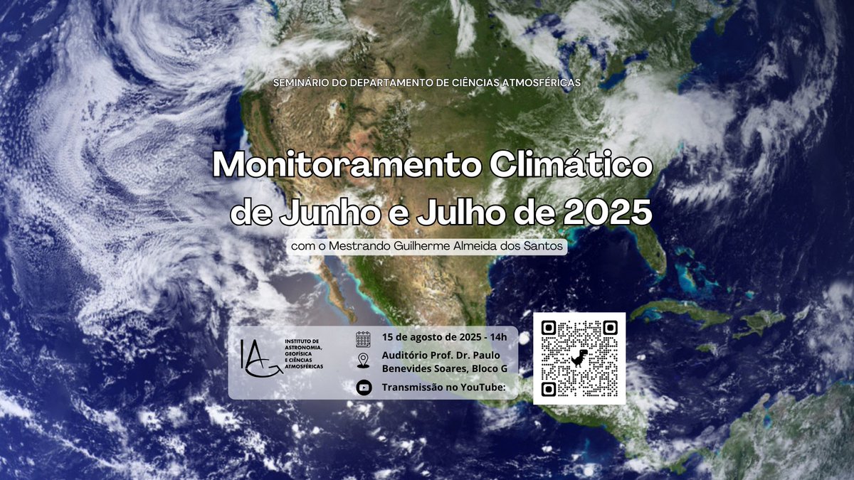 GrecUsp's tweet photo. ☀️Nesta sexta (15/08) será transmitido mais um Webinar GrEC:  “Monitoramento Climático de Junho e Julho de 2025” que será apresentado pelo mestrando Guilherme Almeida dos Santos

Participe com a gente! https://t.co/utfgRBZgaF