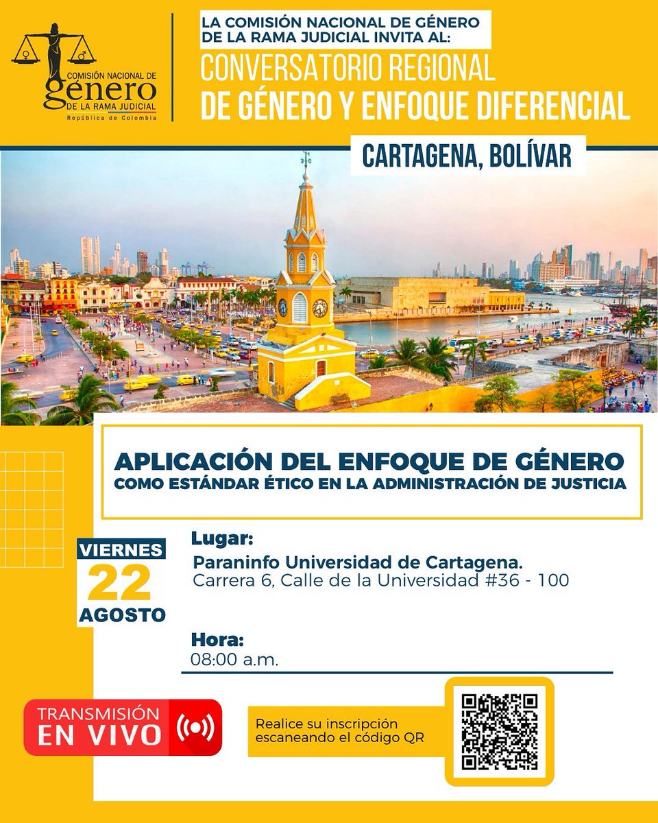 Comisión Nacional de Género de la Rama Judicial (@generoramajud) on Twitter photo ¡El próximo viernes 22 de agosto, desde #Cartagena! impulsamos el #EnfoqueDeGénero como principio esencial para la justicia.Únete a la conversación e inscríbete para participar, porque #TuVozCuenta en la transformación social. ¡El próximo viernes 22 de agosto, desde #Cartagena! impulsamos el #EnfoqueDeGénero como principio esencial para la justicia.Únete a la conversación e inscríbete para participar, porque #TuVozCuenta en la transformación social.