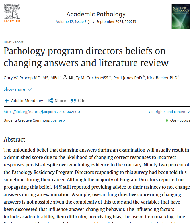 American Board of Pathology (@theabpath) on Twitter photo 🤔🖋️Have you always been told never to change your answers during an exam?
A new paper by ABPath CEO <a href="/GaryProcop/">MicroBytes</a> and colleagues explored what Residency Program Directors think about this long-debated test-taking advice & reviewed what the literature says.
sciencedirect.com/science/articl… 🤔🖋️Have you always been told never to change your answers during an exam?
A new paper by ABPath CEO <a href="/GaryProcop/">MicroBytes</a> and colleagues explored what Residency Program Directors think about this long-debated test-taking advice & reviewed what the literature says.
sciencedirect.com/science/articl…