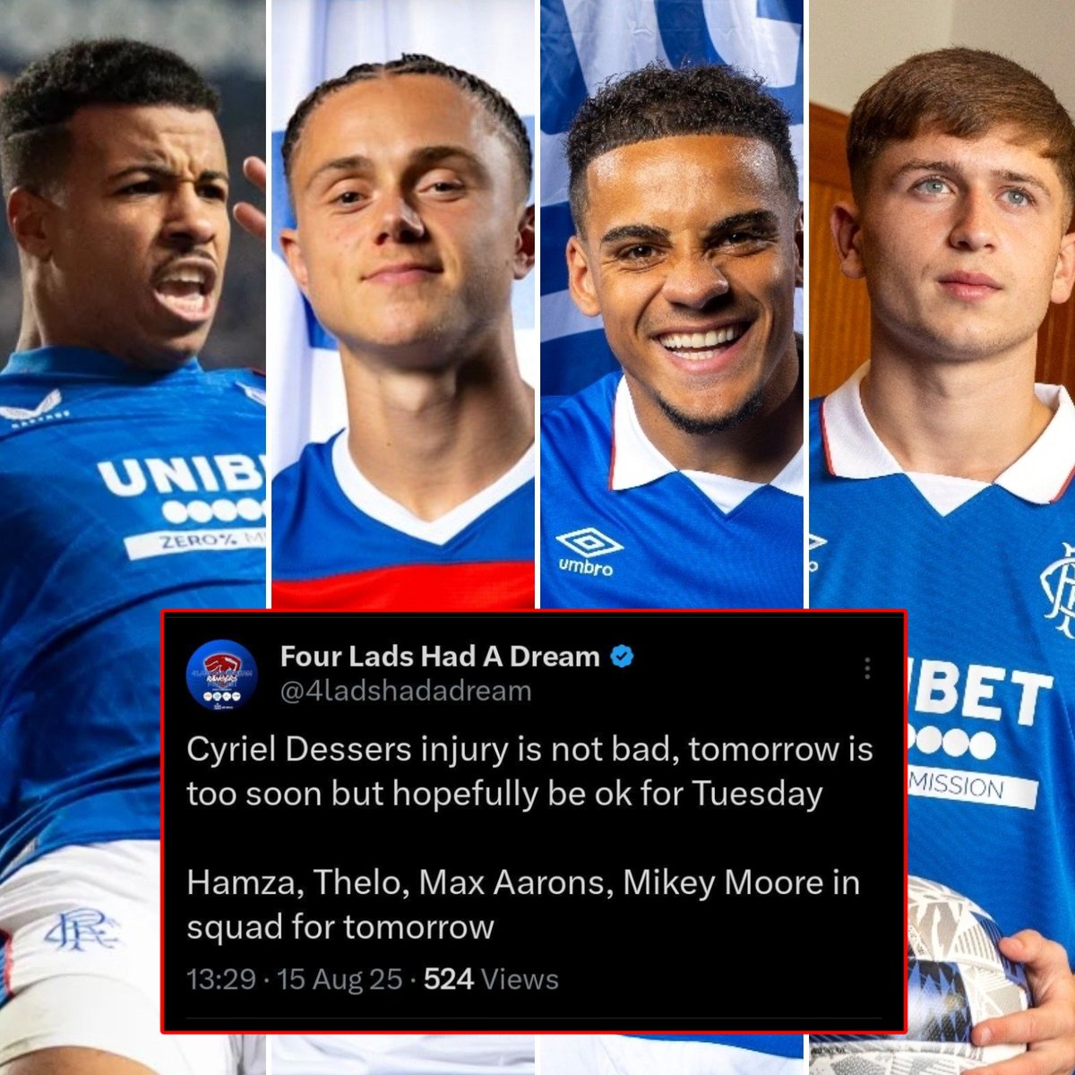 Good news on Dessers and exciting additions into tomorrow's squad 

Watch the game live in Oswalds, your City Centre Rangers Bar 🔴⚪️🔵