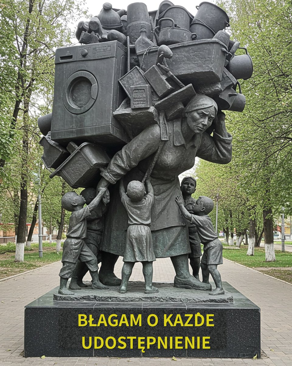 Pomnik kobiety, która „nic nie robi w domu”
Znasz ją. Mijałeś ją setki razy.
Nie krzyczy. Nie narzeka. Nie prosi.
A jednak codziennie dźwiga na swoich plecach cały DOM.
To obraz niewidzialnej pracy, której nikt nie nazywa "pracą", bo nie przynosi pensji – tylko zmęczenie i ciszę.