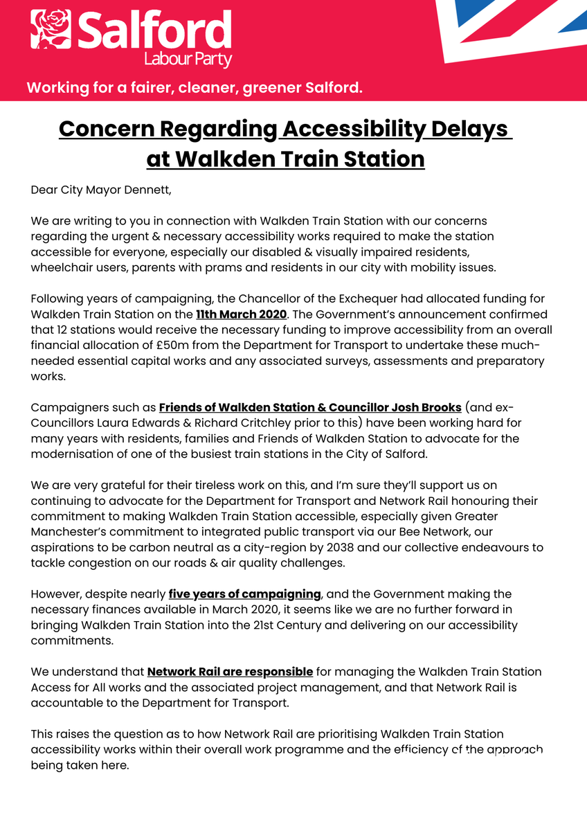 SalfordLabour's tweet photo. The people of Walkden have waited long enough!

Cllr Youd (@jackyoud90), Cllr Syed, &amp; Cllr Pepper (@teresapepper) have written to @salford_mayor to ask for assistance in tacking the unacceptable delay from @networkrail in delivering accessibility works at Walkden Station. https://t.co/zrIDSysDlM