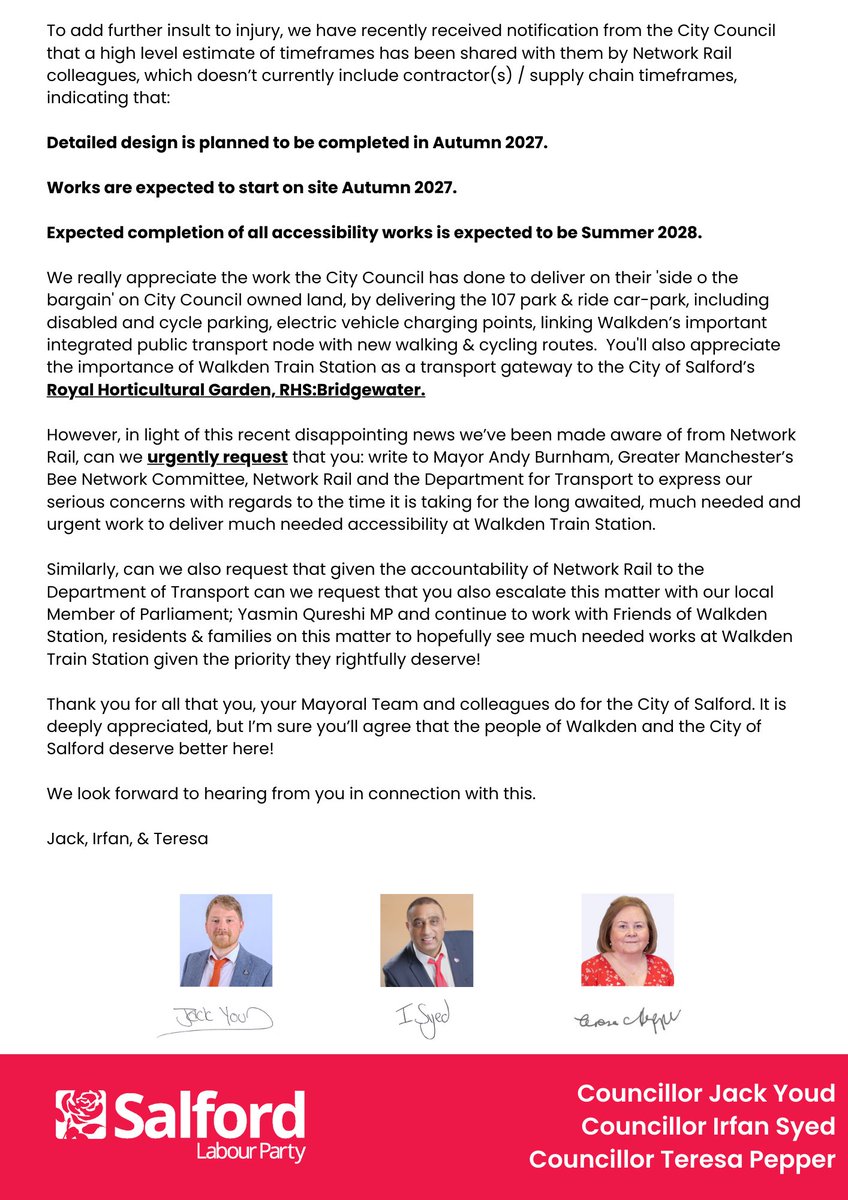 The people of Walkden have waited long enough!

Cllr Youd (<a href="/jackyoud90/">Jack Youd</a>), Cllr Syed, &amp; Cllr Pepper (<a href="/teresapepper/">Cllr Teresa Pepper</a>) have written to <a href="/salford_mayor/">SalfordMayor</a> to ask for assistance in tacking the unacceptable delay from <a href="/networkrail/">Network Rail</a> in delivering accessibility works at Walkden Station.
