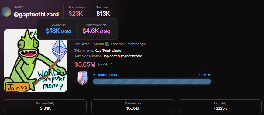 this is why Flaunch is the best platform for creators

1% of every swap gets split 2 ways: 0.8% goes to the artist <a href="/renrutts/">Renruts</a>, 0.2% goes towards automated token buybacks

all revenue is paid in ETH, so zero tokens are sold thanks to our Uniswap v4 hook

$1m volume = $10k revenue