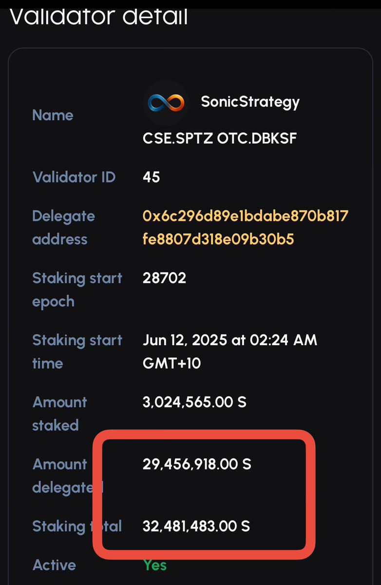 Sonic Strategy Validator Details Showing Increased Stake