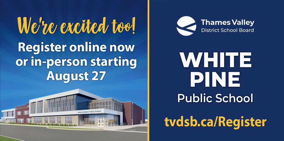 The new White Pine Public School is excited to welcome families this September! You can register online now at tvdsb.ca/register or in-person starting August 27. #WelcomeToTVDSB