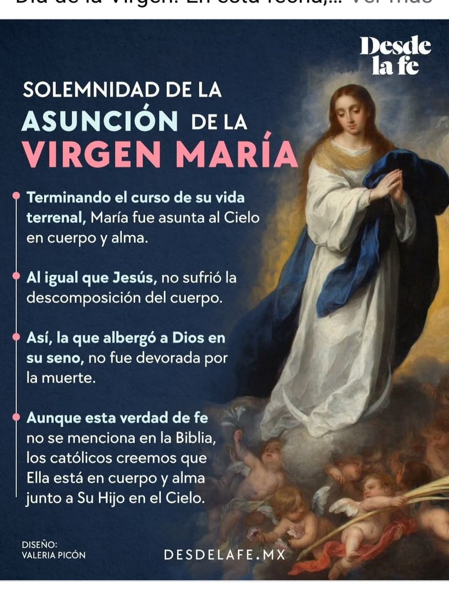 Señor,me uno a tu inmenso gozo al abrazar físicamente a tu madre y mia,cuando llegó al cielo en cuerpo y alma a participar d tu eterna gloria. No era posible q la Inmaculada,la q no tiene pecado alguno,sufriera la corrupción. Vivo con la esperanza d estar en alma y cuerpo contigo