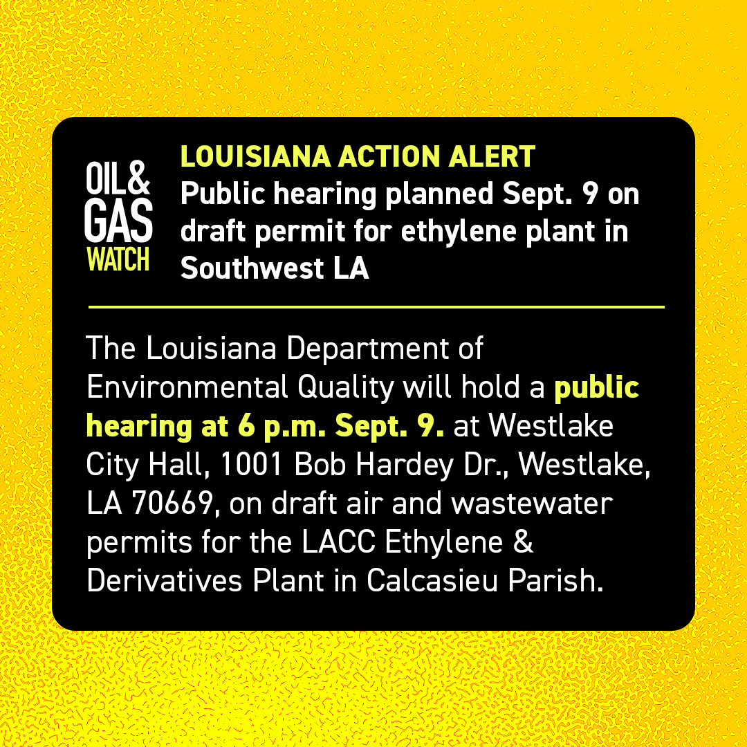 Oil and Gas Watch (@oil_watch) on Twitter photo Public hearing planned Sept. 9 on draft permit for ethylene plant in Southwest LA
oilandgaswatch.org/alert/rec_d2b1…
<a href="/betterbayou/">For a Better Bayou</a> <a href="/labucketbrigade/">Louisiana Bucket Brigade</a> Public hearing planned Sept. 9 on draft permit for ethylene plant in Southwest LA
oilandgaswatch.org/alert/rec_d2b1…
<a href="/betterbayou/">For a Better Bayou</a> <a href="/labucketbrigade/">Louisiana Bucket Brigade</a>