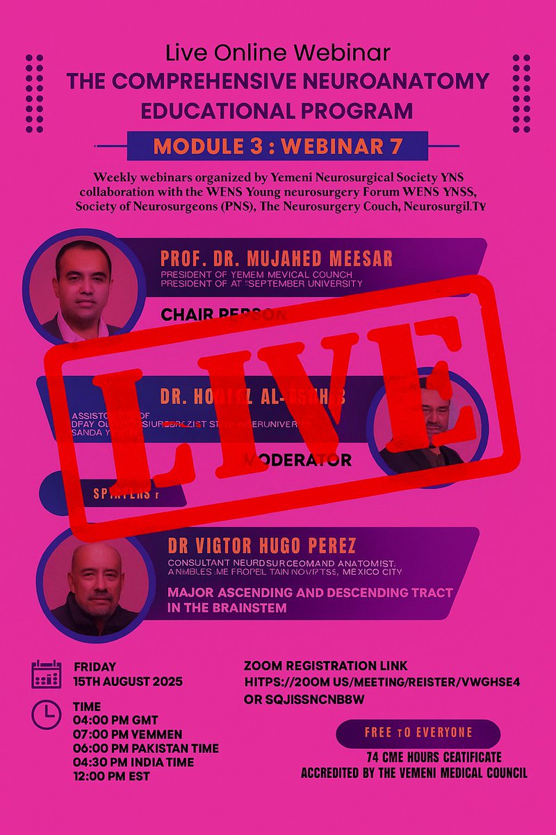 NOW LIVE...............NOW LIVE......................., August 15th 2025, 7th webinar neurosurgical.tv/live-online-we…
interactive refresher in neuroanatomy)
🔗 Zoom Registration(Free):
zoom.us/meeting/regist…