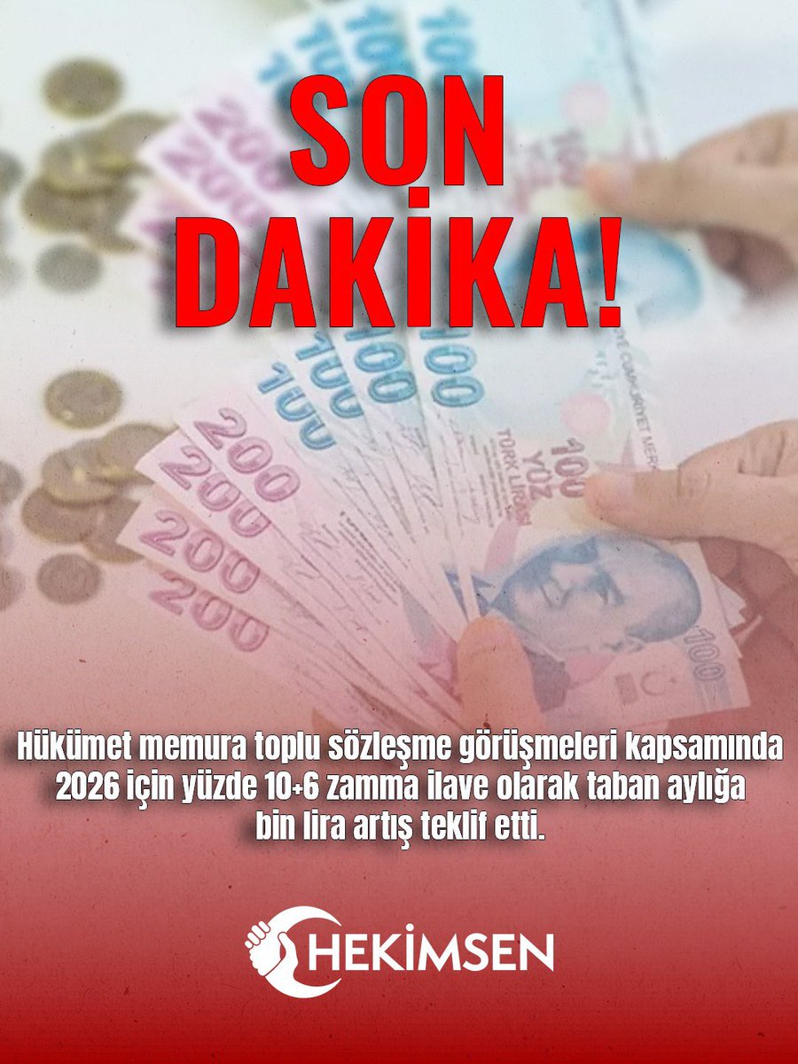 hekimsen's tweet photo. Hükümetin 2026 yılı için memura %10 + %6 zam ve taban aylığa yalnızca 1.000 TL artış teklifi, hekim ve tüm kamu emekçilerinin emeğiyle alay etmektir.

💬 Bu teklif;

Yoksulluk sınırının yarısına bile yaklaşmayan maaşları daha da eritir,

Artan hayat pahalılığı ve ağır vergi yükü karşısında çalışanı korumaz,

Kamu hizmetinin niteliğini ve çalışan motivasyonunu yok eder.

⚠ Enflasyonun altında kalan her teklif, maaş gaspıdır.
⚠ Taban aylığa yapılan göstermelik artış, çalışanı fakirleştirme politikasının devamıdır.

📌 HEKİMSEN olarak; emeğimizi değersizleştiren, hukuka ve sosyal devlet anlayışına aykırı bu teklifi reddediyoruz.
Hekimler ve tüm kamu emekçileri, hak ettiği maaşı alıncaya kadar mücadelemiz sürecektir!